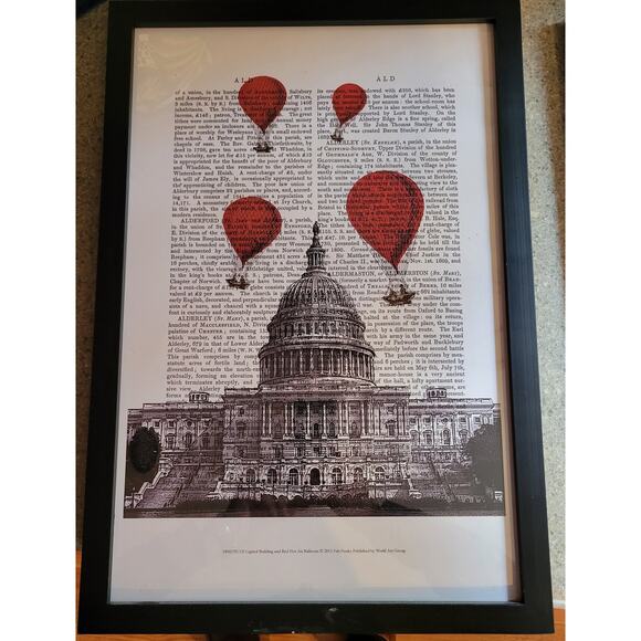 Fab Funky US Capitol DC Red Hot Air Balloons Dictionary Page Print 19 x13 Framed - Picture 1 of 4